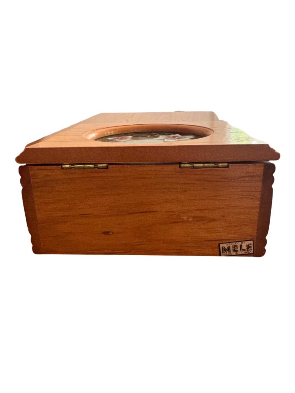 Mele Wooden Jewelry Box Green Velvet Lift Out Tray Glass Floral Lid - Picture 9 of 10